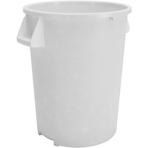 A simple white plastic trash can with side handles.