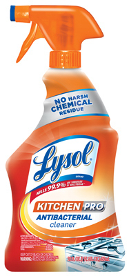 Bottle of Lysol Kitchen Pro Antibacterial Cleaner with a spray nozzle.