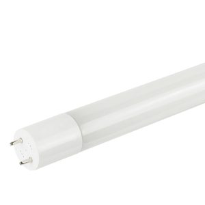 Fluorescent tube light on white background with two-pin connection.