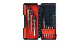 Set of Bosch drill bits in an open case with various sizes displayed.