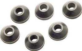 Six rubber grommets on a white background.