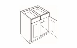 A line drawing of a simple open-front cabinet with shelves.