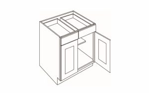 Line drawing of an open, empty bookshelf with two shelves and a door ajar.