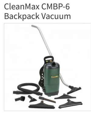 A CleanMax CMBP-6 Backpack Vacuum with various attachments.