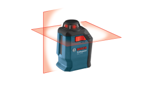 Bosch laser level tool projecting red lines on a light background.