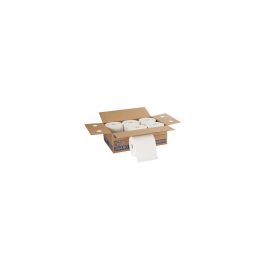 Pack of six toilet paper rolls in an open cardboard box on a white background.