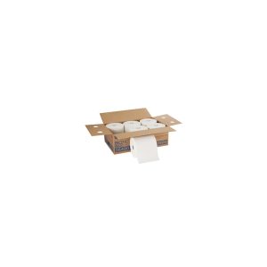 Pack of six toilet paper rolls in an open cardboard box on a white background.