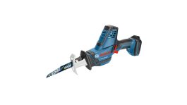 A Bosch reciprocating saw with a blue and black design isolated on a grey background.