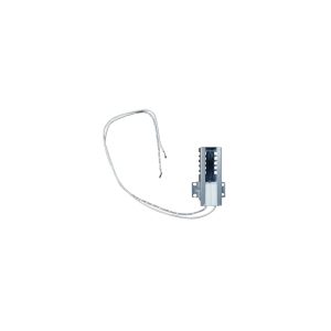Isolated industrial temperature sensor with metal probe and wire on a white background.