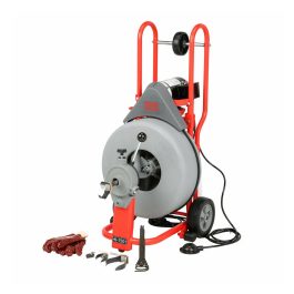 A red and gray industrial drain cleaning machine with accessories on a white background.