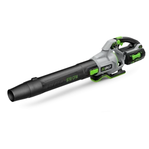 Cordless leaf blower by EGO with a nozzle and green highlights on a gray background.