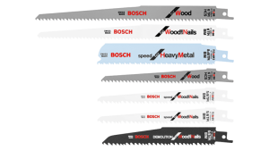 A variety of Bosch reciprocating saw blades for cutting wood, nails, and metal.