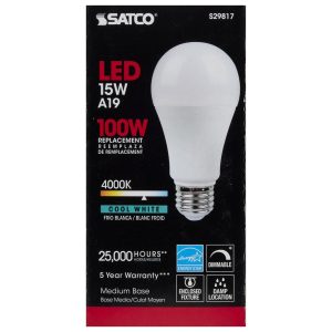 Packaging of a SATCO LED 15W A19 light bulb with information about its cool white light, 100W replacement, and features.