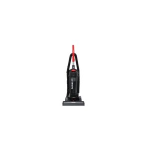 Upright black and red vacuum cleaner on a white background.