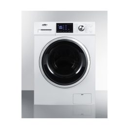 Modern front-load washing machine with digital display on a gray background.