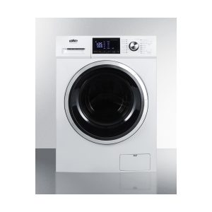 Modern front-load washing machine with digital display on a gray background.