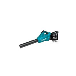A cordless blue Makita leaf blower with a note "Uses 2 18V LXT Batteries, batteries not included".