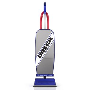 Upright Oreck vacuum cleaner on white background.