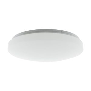 A simple round ceiling light fixture with a white glass cover and a metallic rim.