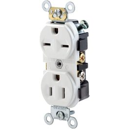 A white duplex electrical outlet with screws and wiring terminals visible.