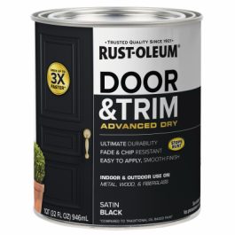 Can of Rust-Oleum door and trim paint in satin black with advanced dry formula.
