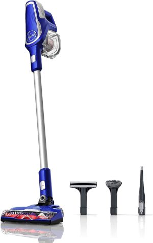 Blue cordless vacuum cleaner with detachable handheld unit and accessories.