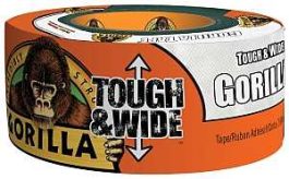 Roll of Gorilla Tape with 'Tough & Wide' branding featuring a gorilla illustration.