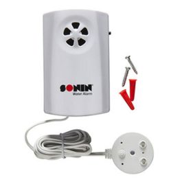 A water alarm device with a sensor pad and mounting screws, isolated on a white background.