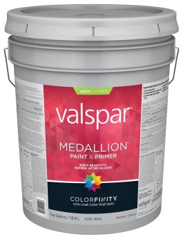 A 5-gallon bucket of Valspar Medallion satin exterior paint and primer.