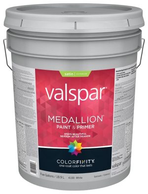 A 5-gallon bucket of Valspar Medallion satin exterior paint and primer.