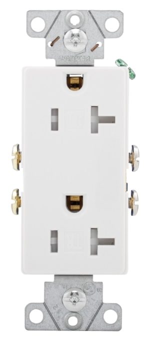 Vertical electrical duplex outlet, white, with mounting screws, on a white background.