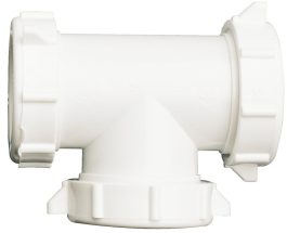 White PVC plumbing T-joint with three connection ends on a plain background.