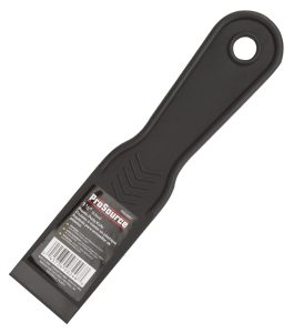 A black plastic putty knife with a brand label, isolated on a white background.