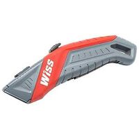 A red and grey retractable utility knife on a white background.