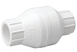 PVC check valve for fluid systems with directional markings on a white background.