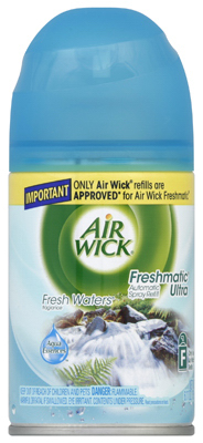 A can of Air Wick Freshmatic Ultra air freshener with a 'Fresh Waters' scent label.