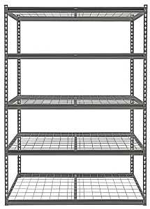 Empty metal shelving unit with five wire racks against a white background.