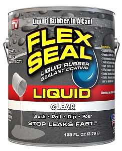 A can of clear Flex Seal liquid rubber sealant coating with instructions and uses.