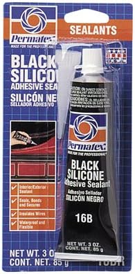 A tube of Permatex Black Silicone Adhesive Sealant in packaging.