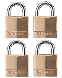 Four identical brass padlocks with the brand name inscribed on them.