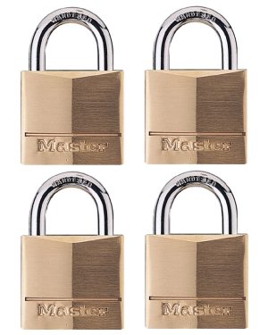 Four identical brass padlocks with the brand name inscribed on them.