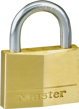 Padlock with a metal shackle and golden body with "Master" engraved on it.