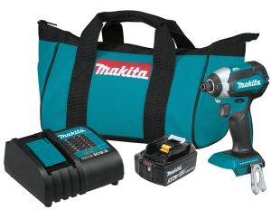 Makita cordless drill, battery pack, charger, and carry bag on a white background.