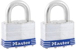 Two silver padlocks with blue stripes on a white background.