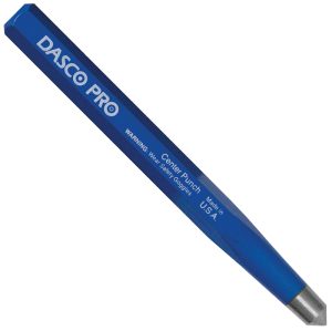 Blue steel center punch tool with text and safety warning on the side.