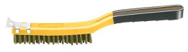 A wire brush with a yellow handle and integrated scraper.