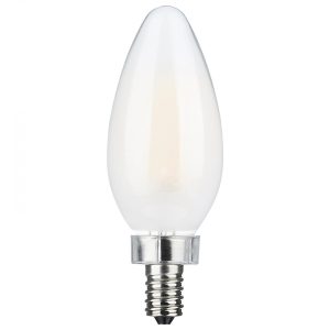 Candelabra-style LED light bulb on a white background.