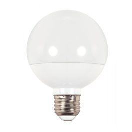 A white round LED light bulb against a plain background.