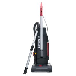 Upright vacuum cleaner with attached hose and wand on a white background.
