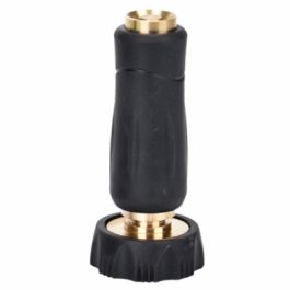 Black and brass lamp holder with switch on a white background.